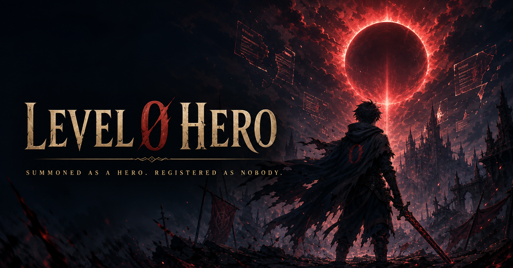 A level zero hero facing a ruined fantasy kingdom beneath a crimson eclipse